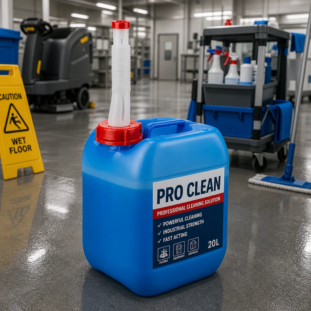 Bidón de detergente de 5 litros, azul, con tubo de salida, para la limpieza profesional de edificios