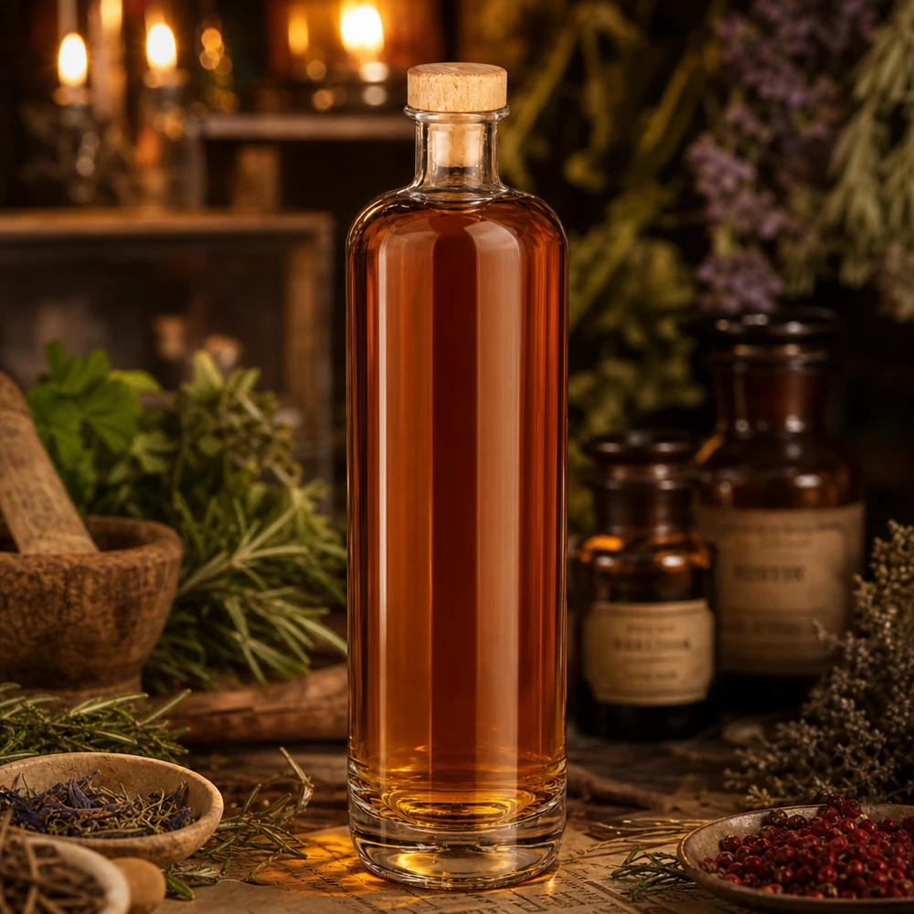 Botella de vidrio de 700 ml «Ella» con tapón de corcho con asa de madera UNiTWIST® Botella de cristal Ella de 700 ml con contenido de color ámbar y tapón de madera en un ambiente rústico de botica herbal