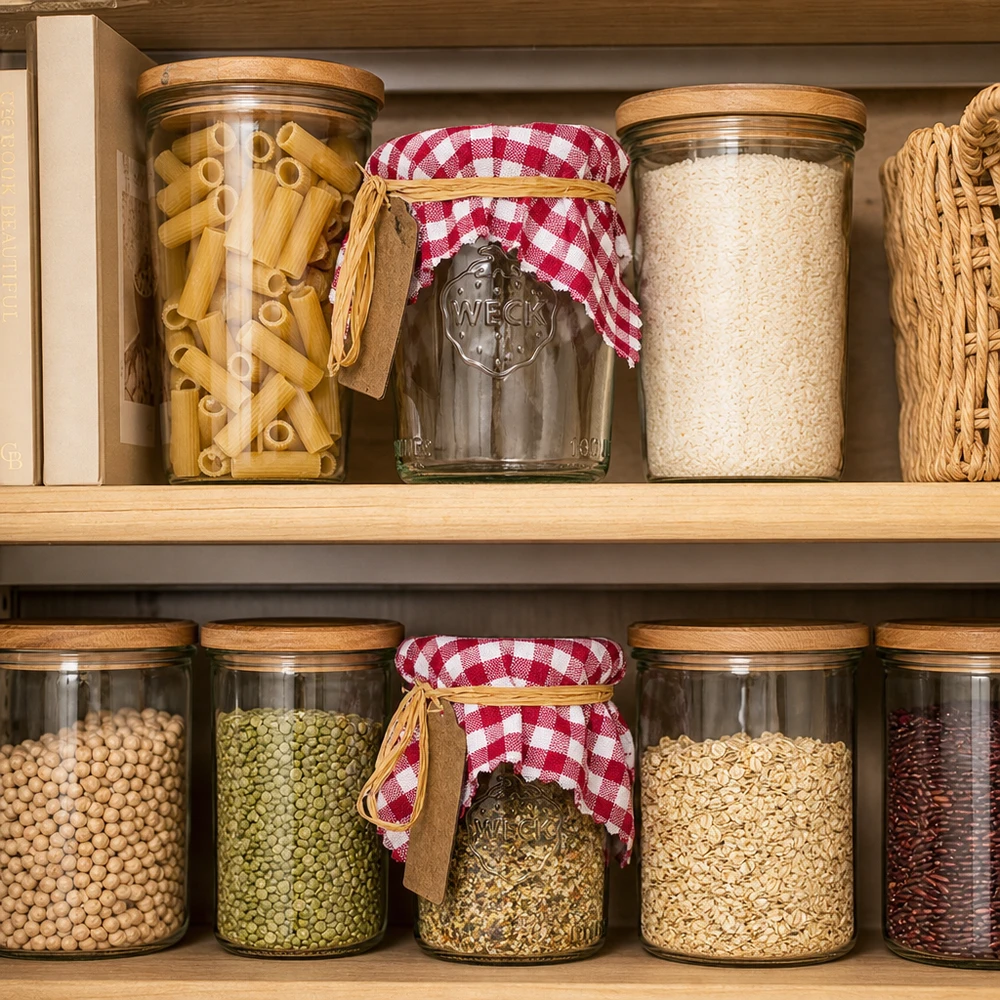 Tarros de almacenaje con tapas de tela a cuadros burdeos en Pantry - almacenaje con estilo para pasta, arroz y legumbres