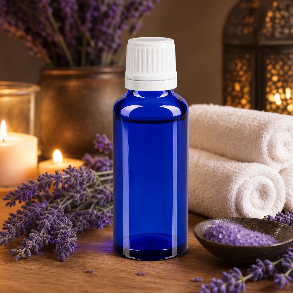 Frasco cuentagotas azul de 30 ml de ApoGlas con tapón de seguridad para niños de color blanco, para aceites esenciales