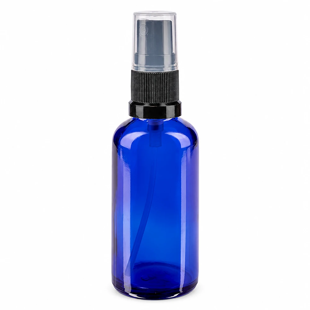 Frasco pulverizador de cristal azul de 50 ml con pulverizador negro y tapón protector transparente