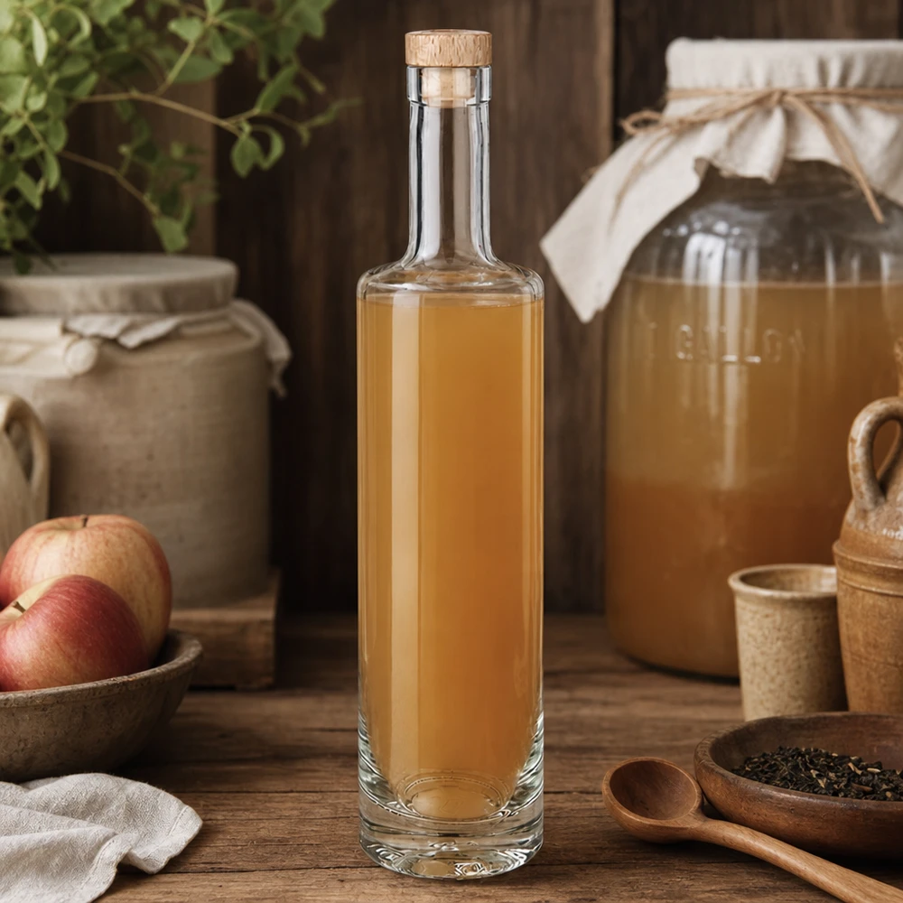 Botella de cristal de 500 ml Lina con tapón de madera rellena de licor de manzana ambiente rústico cocina manzana hierbas