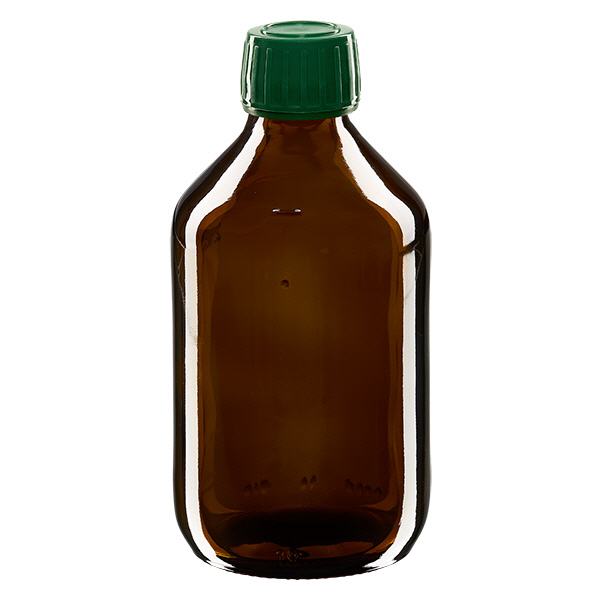 Frasco medicamento 250ml marrón, tapón verde con precinto de seguridad ApoGlas Frasco medicamento 250ml marrón, tapón verde con precinto de seguridad ApoGlas
