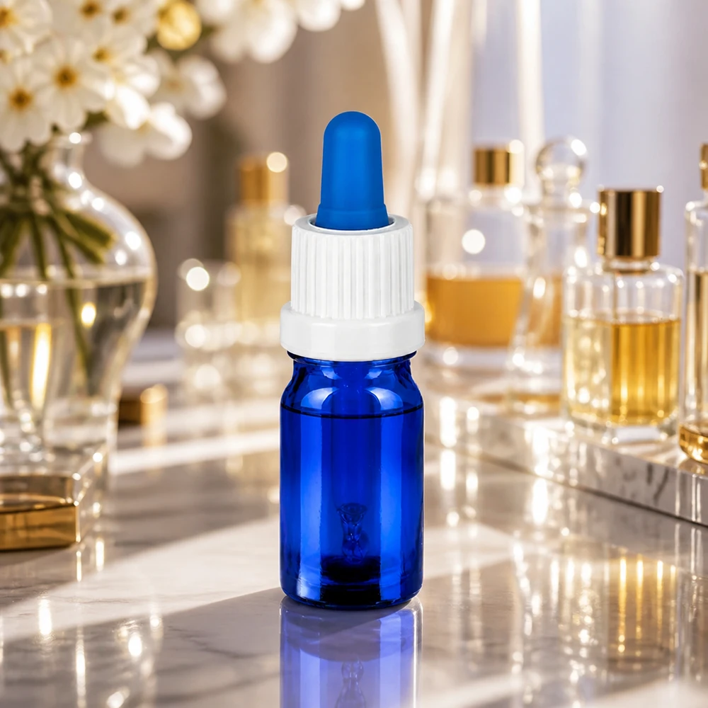 Frasco de pipeta de 5 ml de alta calidad fabricado en vidrio borosilicato azul con tapón OV blanco para aplicaciones de laboratorio