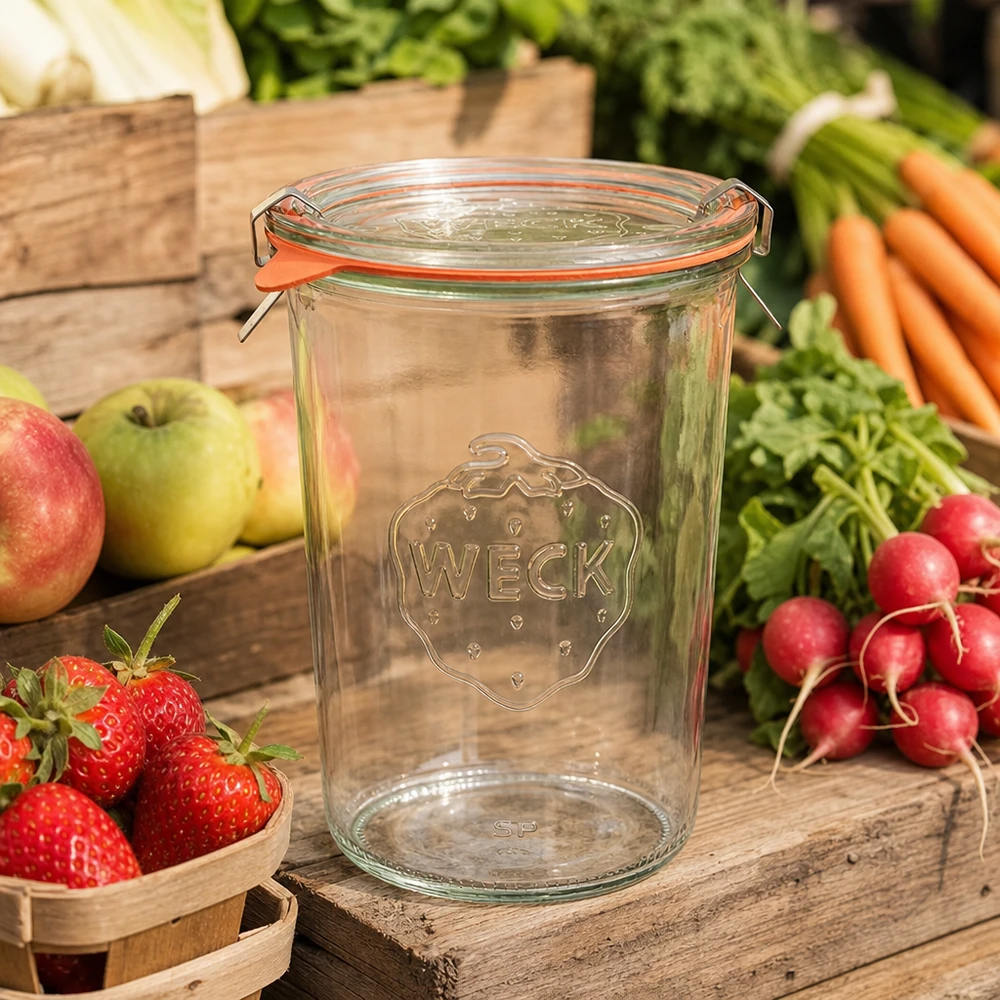 Vaso de 850ml completo WECK RR100 Tarro de conserva WECK RR100 850ml con frutas y verduras frescas sobre una mesa de madera rústica como escena de cocina para guardarlas