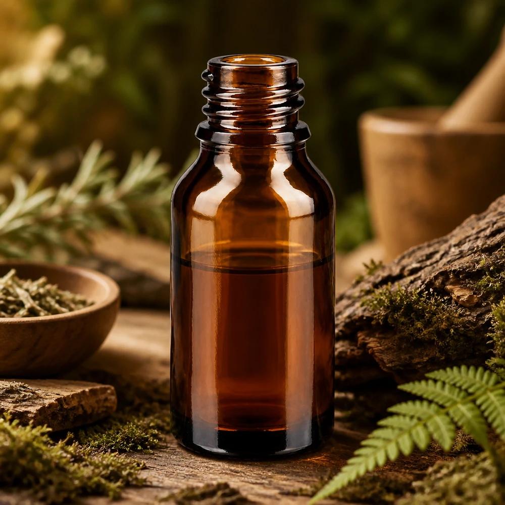 Frasco de vidrio marrón ApoGlas de 15 ml en paisaje de bosque natural con helecho musgo y madera rústica para naturopatía