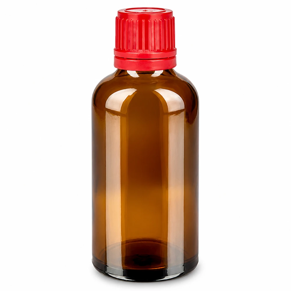 Botella de cristal ámbar de 50 ml con tapón rojo a prueba de manipulaciones para el almacenamiento seguro de líquidos