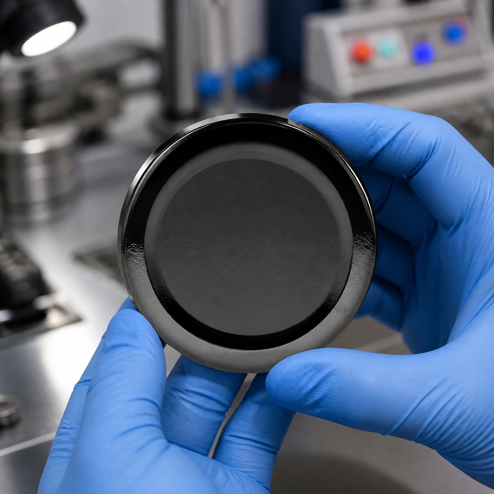 Tapa BasicSeal de 58 mm, negra, TO58deep. Los guantes de laboratorio UNiTWIST sujetan la tapa metálica.