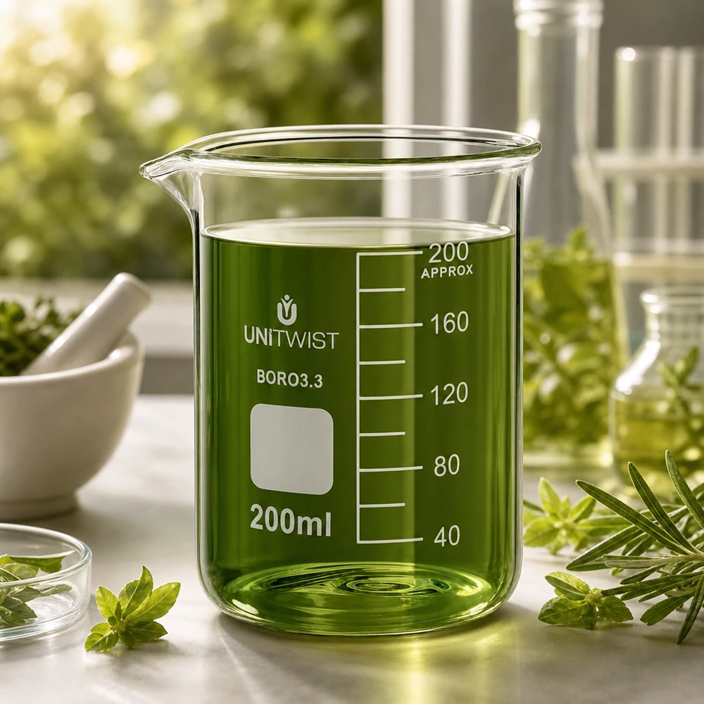 Vaso 200 ml borosilicato, molde bajo UNiTWIST Vaso de cristal UNiTWIST de 200 ml con un líquido verde rodeado de hierbas frescas sobre una superficie blanca