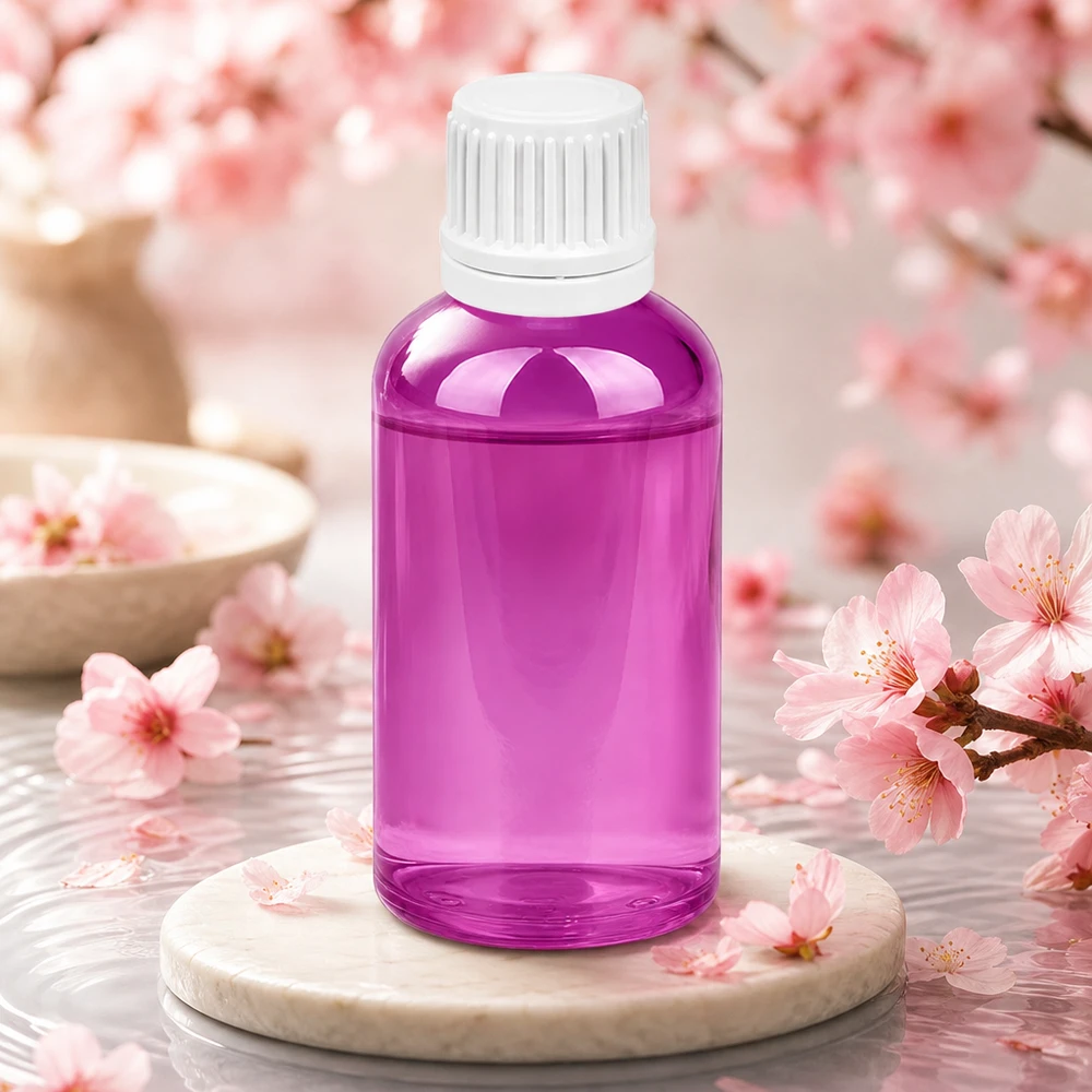 Pequeño frasco cuentagotas de 50 ml en elegante color púrpura con tapón blanco para una dosificación precisa