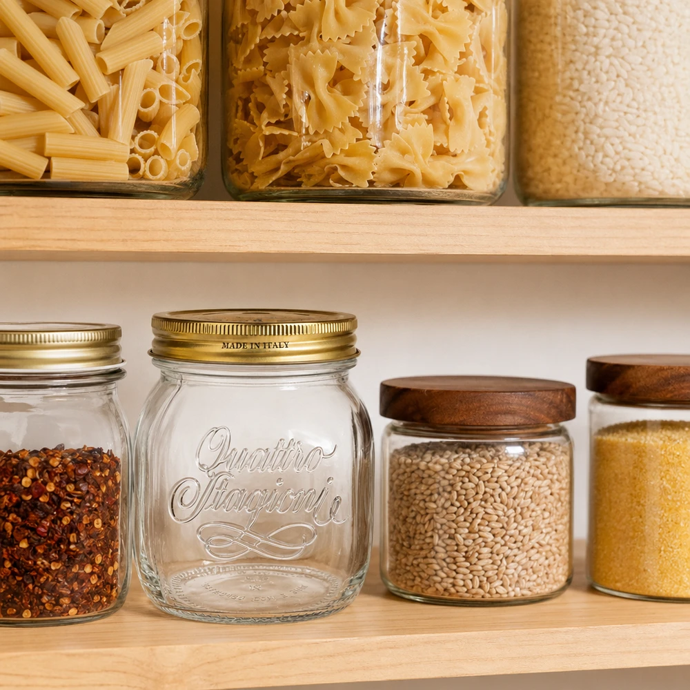 Tarro redondo "Quattro Stagioni" de 700 ml con tapa Tarro conservas Quattro Stagioni 700ml en despensa organizada con pasta y especias Equipamiento cocina italiana