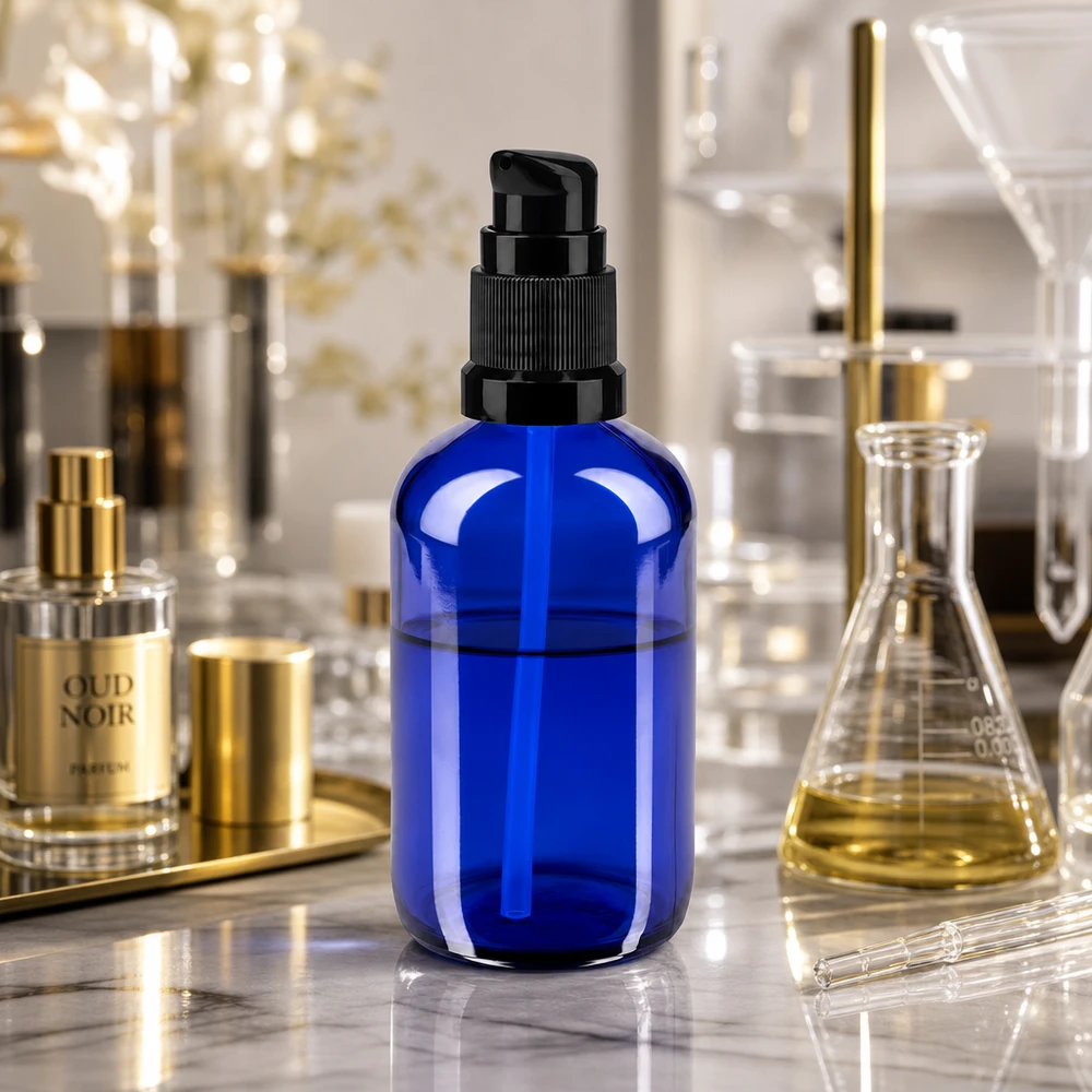 Frasco dosificador de 100 ml de color azul cobalto, fabricado en vidrio de farmacia y con dosificador negro, para uso en entornos de laboratorio