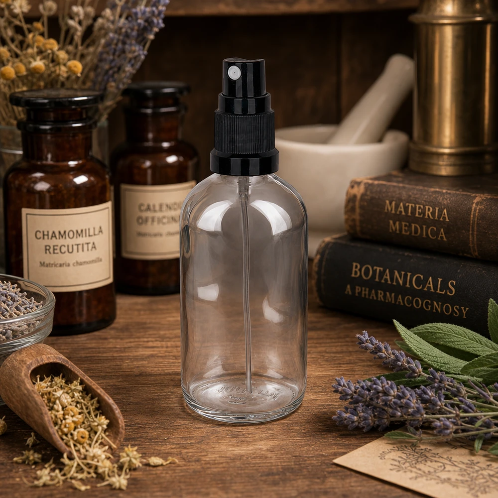 Frasco pulverizador de farmacia de 100 ml, de cristal transparente con dosificador negro, entre libros de hierbas y plantas medicinales
