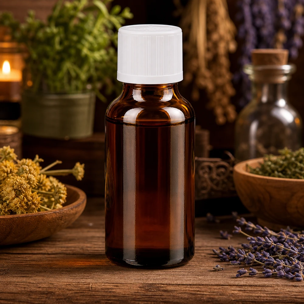 Frasco de cristal marrón de 20 ml con tapón de rosca blanco, rodeado de hierbas medicinales y flores secas