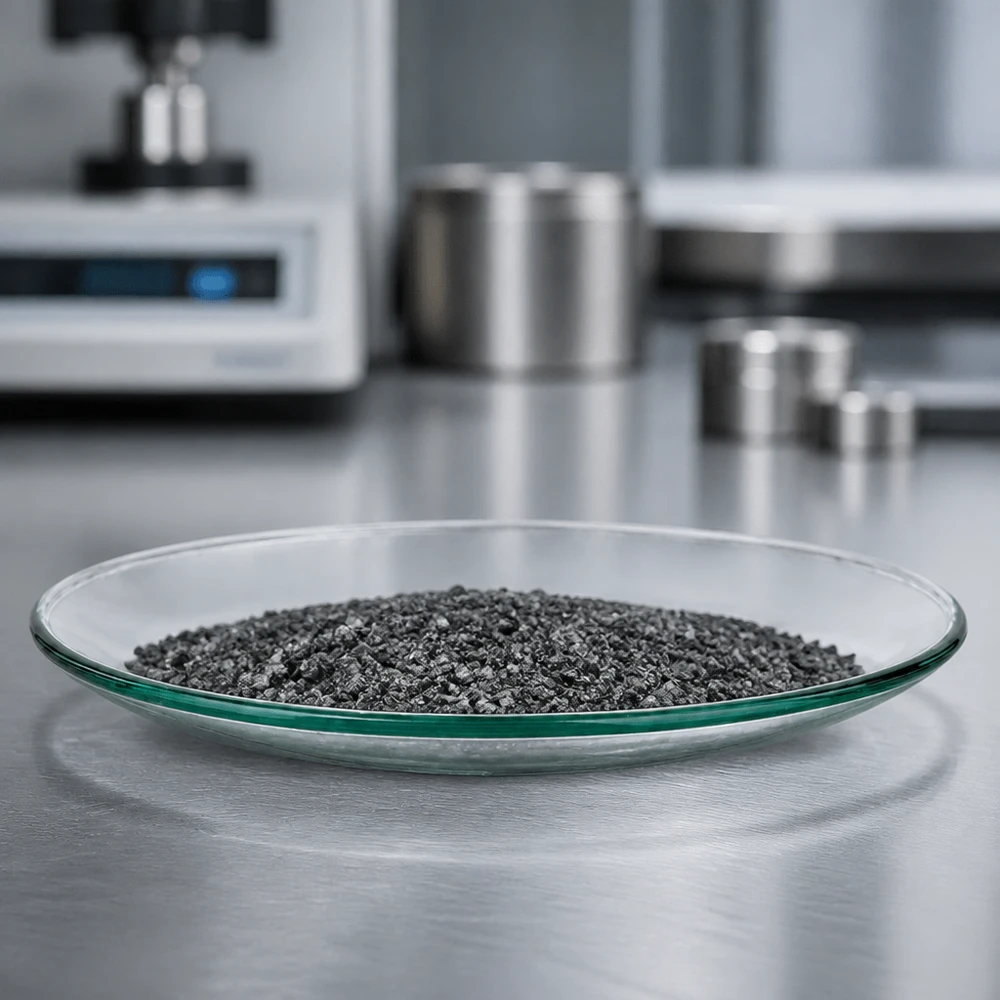 Cuenco de vidrio de reloj transparente de 70 mm con partículas de granulado negro sobre una superficie reflectante