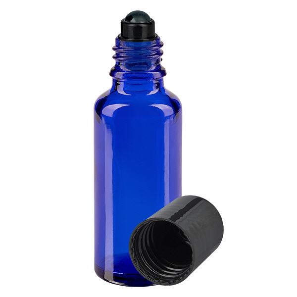 Botella de farmacia azul 30ml tapón roll-on negro Botella de farmacia azul 30ml tapón roll-on negro