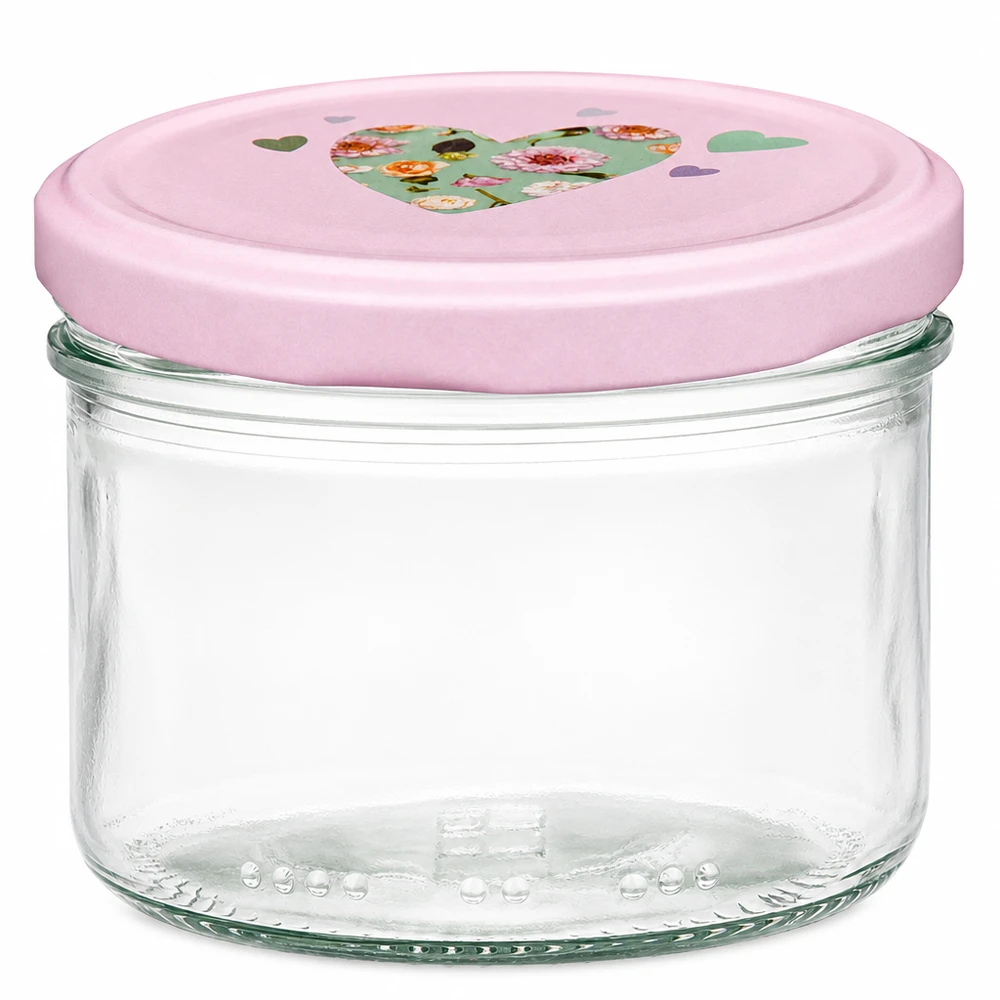 tarro cilíndrico de 230 ml + tapa BasicSeal rosa corazón Tarro cilíndrico de 230 ml con tapa BasicSeal rosa y motivo de corazón, tarro para conservar alimentos