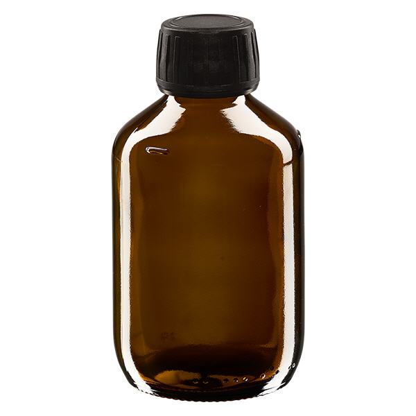 Frasco para medicamentos de 200 ml, marrón, tapón negro con anillo de seguridad ApoGlas Frasco para medicamentos de 200 ml, marrón, tapón negro con anillo de seguridad ApoGlas