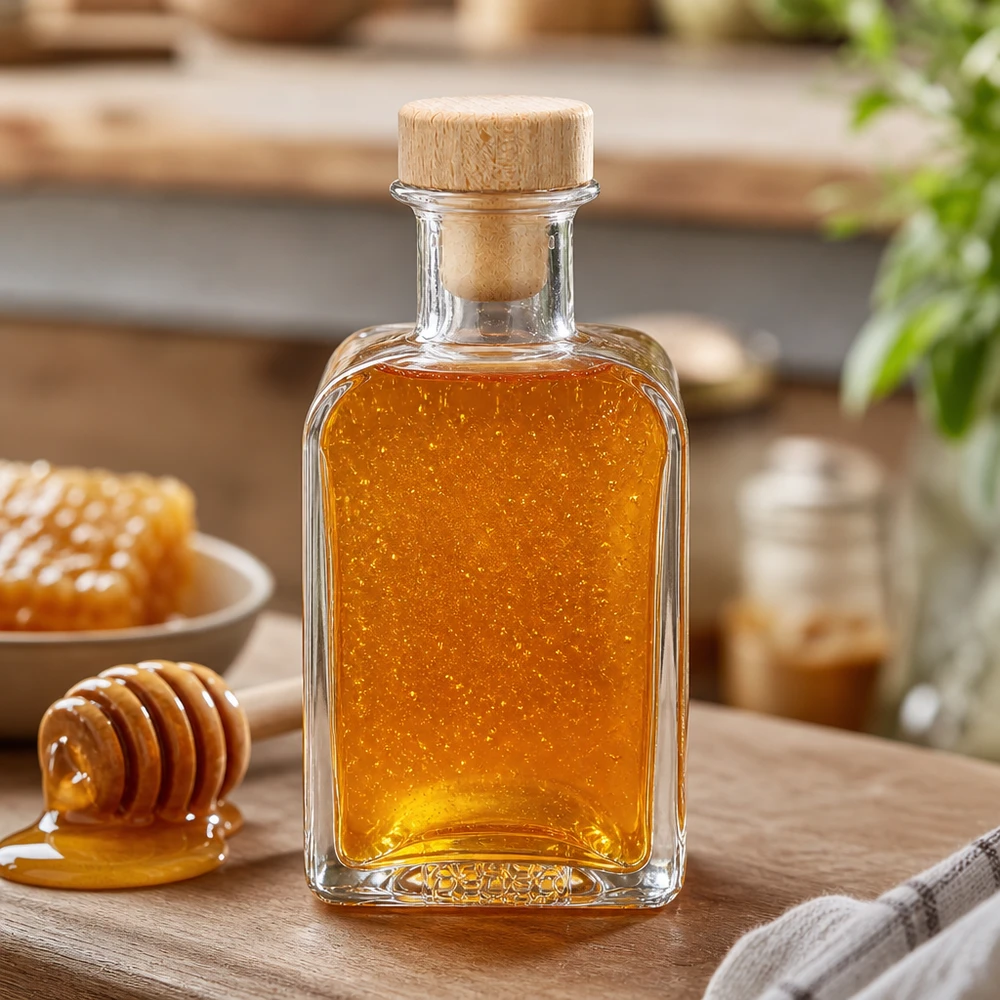 Botella de cristal Clara de 200 ml llena de miel Corcho de madera Cuchara para miel Cera de abeja Edulcorante natural Accesorios de cocina
