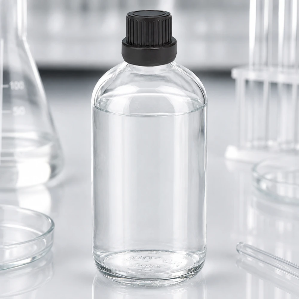 Frasco de laboratorio cilíndrico de 100 ml con boca de goteo de 2 mm y tapón OV negro ClearLine