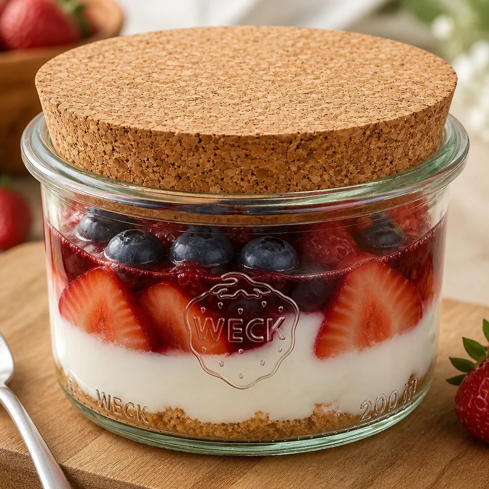 WECK vasos 200ml RR80 lleno de postre de bayas y tapa de corcho muestra versátil uso como un tarro de postre