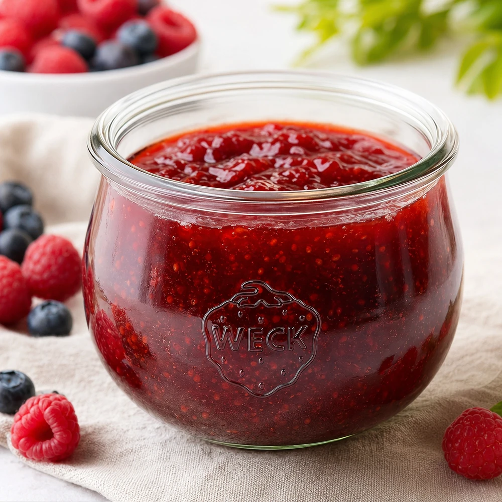 Tarro de cristal con boca de tulipán WECK RR100 de 580 ml Tarro tulipán WECK 580ml RR100 relleno de mermelada roja, rodeado de bayas frescas sobre una base de madera