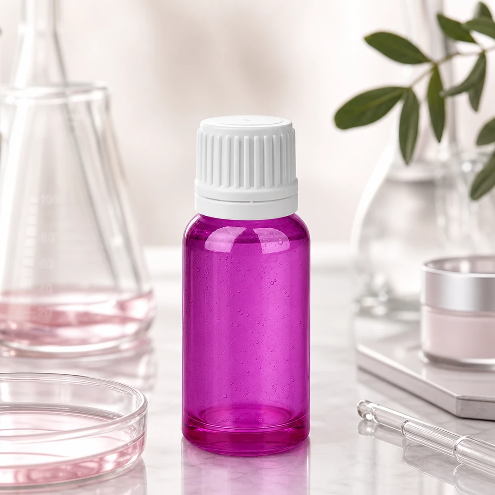 Frasco de laboratorio compacto de 20 ml de color violeta transparente con tapón de rosca estriado para aplicaciones de laboratorio