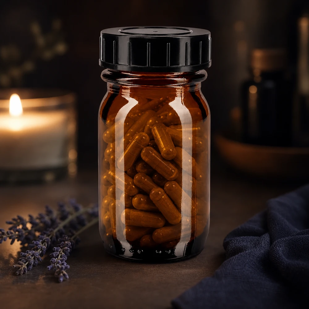 Frasco de vidrio ámbar de cuello ancho de 30 ml con tapón de rosca para cápsulas y comprimidos