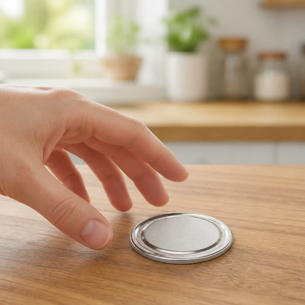 Una mano coge una tapa BasicSeal de 100 mm, color plata mate (TO100), sobre una mesa de madera en una cocina clara.