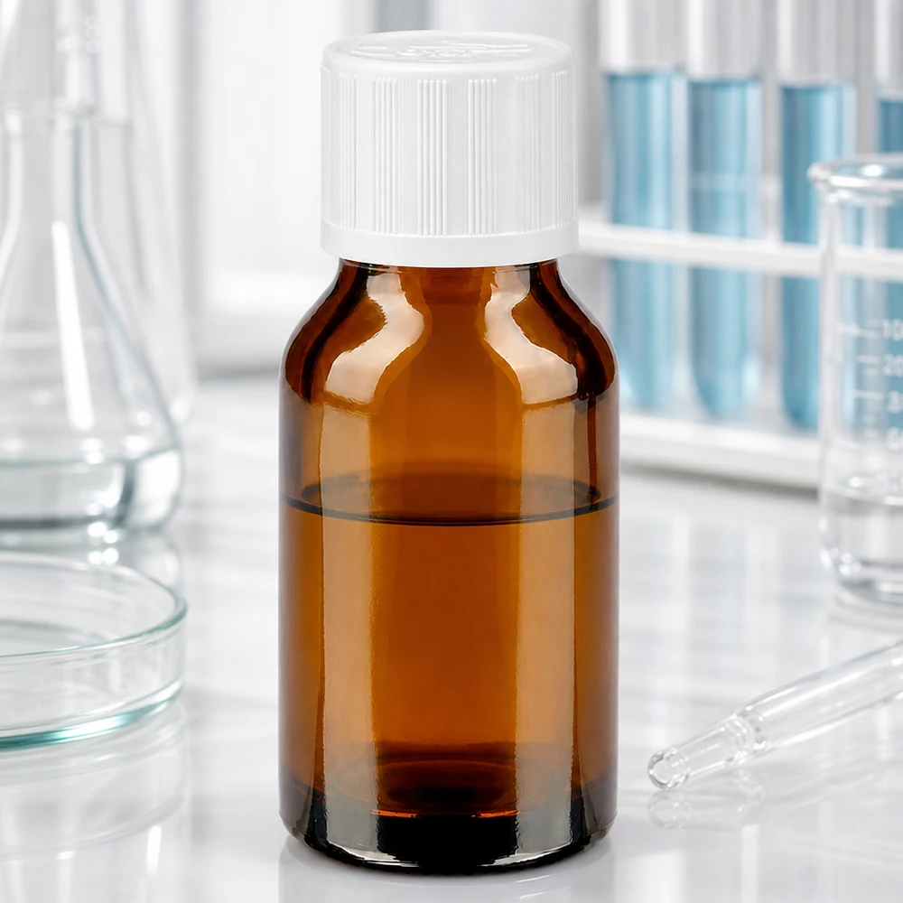 Frasco de farmacia de 30 ml de vidrio ámbar con tapón estándar blanco de 11 mm y cierre de seguridad para niños, en el laboratorio