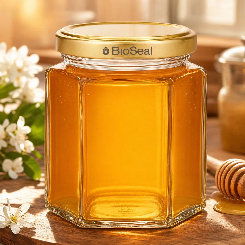 Tarro de miel de 250 g hexagonal lleno de miel dorada Tapa BioSeal Envase apícola sobre mesa de madera con flores