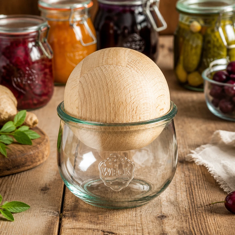Tarro tulipán WECK RR100 con bola de madera de haya en ambiente de cocina junto a coloridos tarros de conserva con mermeladas y encurtidos