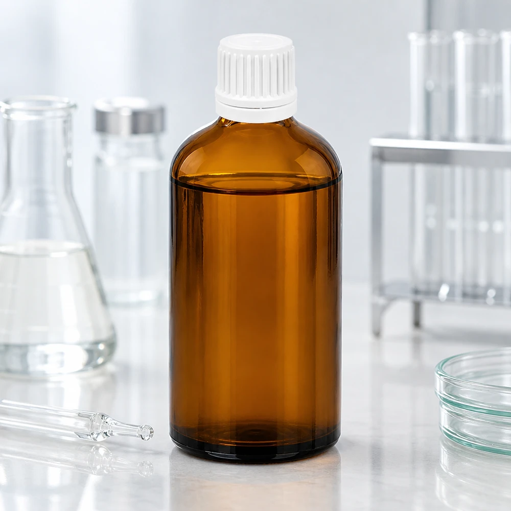 Frasco de laboratorio de 100 ml de vidrio ámbar con protección UV y tapón blanco inviolable