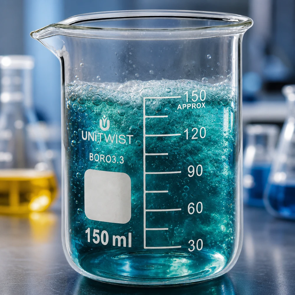 Vaso 150 ml borosilicato, molde bajo UNiTWIST Vaso de cristal UNiTwist de 150 ml, borosilicato 3.3, de forma baja, con un líquido azul espumoso y formación de burbujas