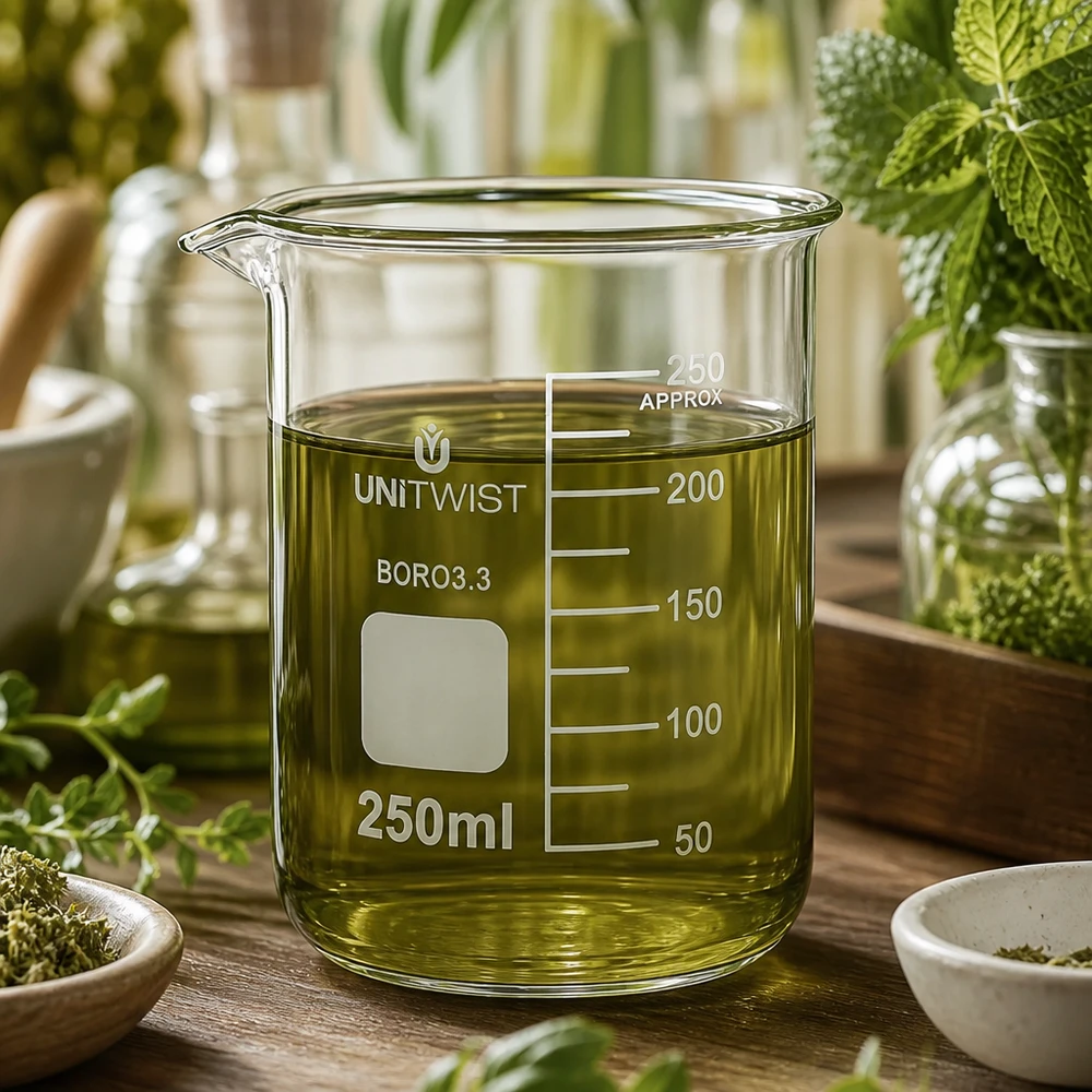 Vaso 250 ml borosilicato, molde bajo UNiTWIST Vaso de cristal UNiTWIST de 250 ml, de forma baja, con extracto de hierbas verde y rodeado de hierbas medicinales frescas