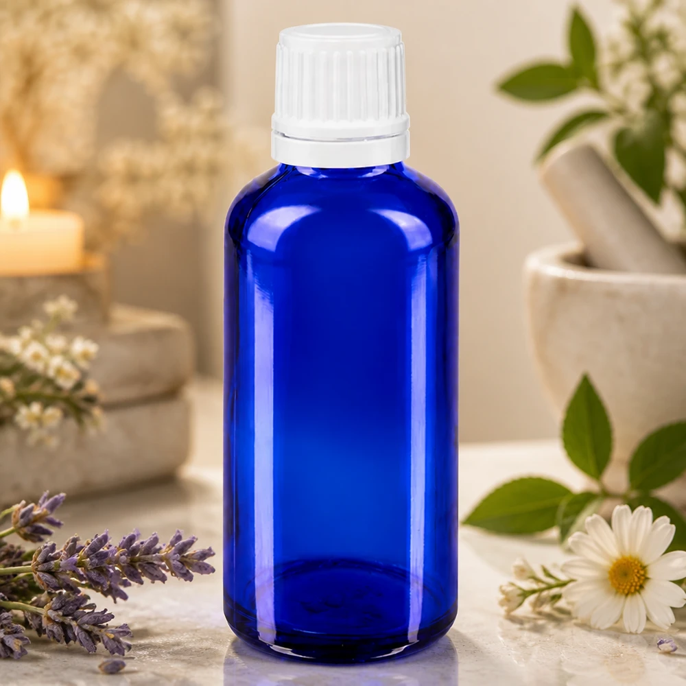 Botella de cristal azul de 50 ml con tapón de rosca blanco, con flores de lavanda y manzanilla