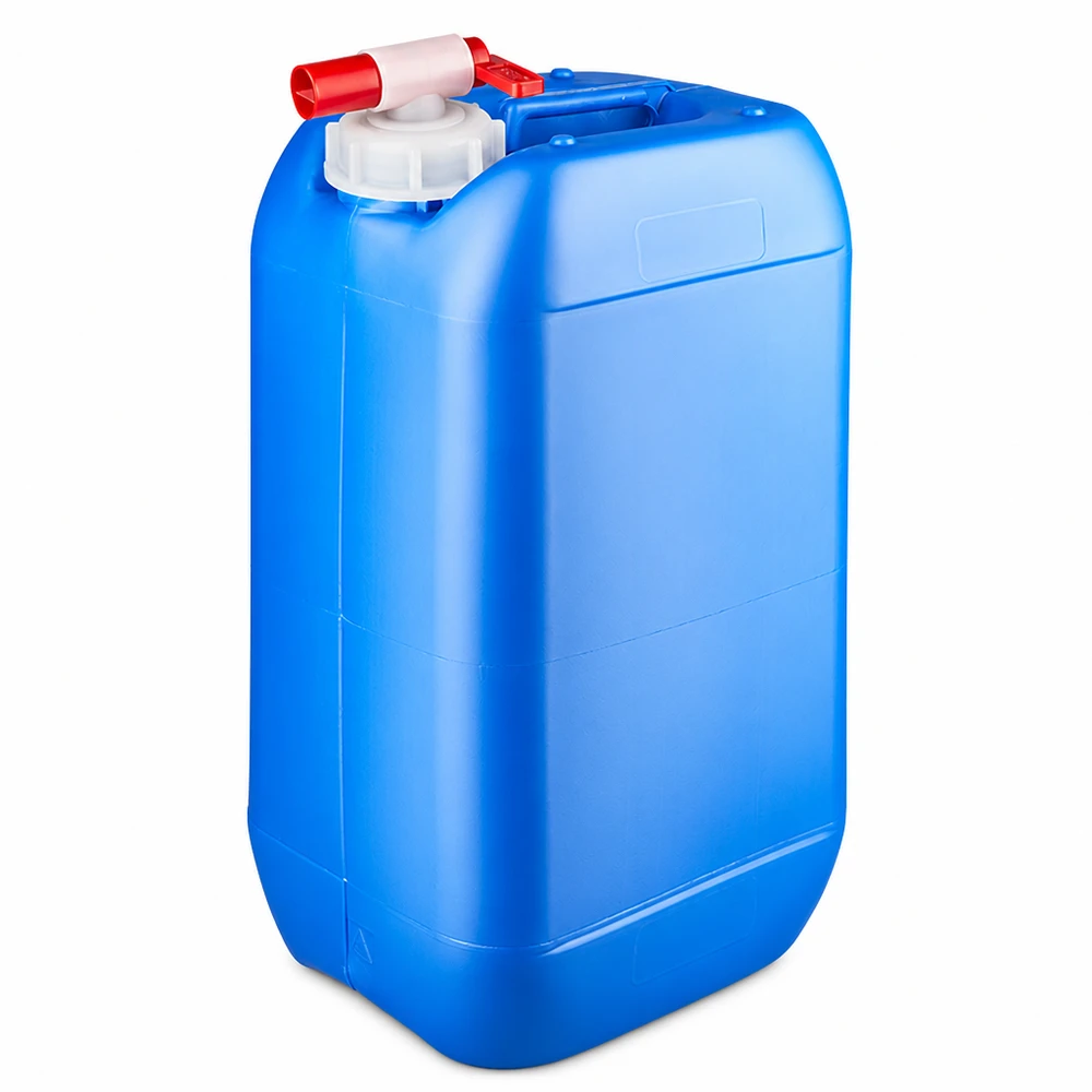 Bidón de plástico azul de 15 litros con grifo de salida rojo y tapón de rosca blanco