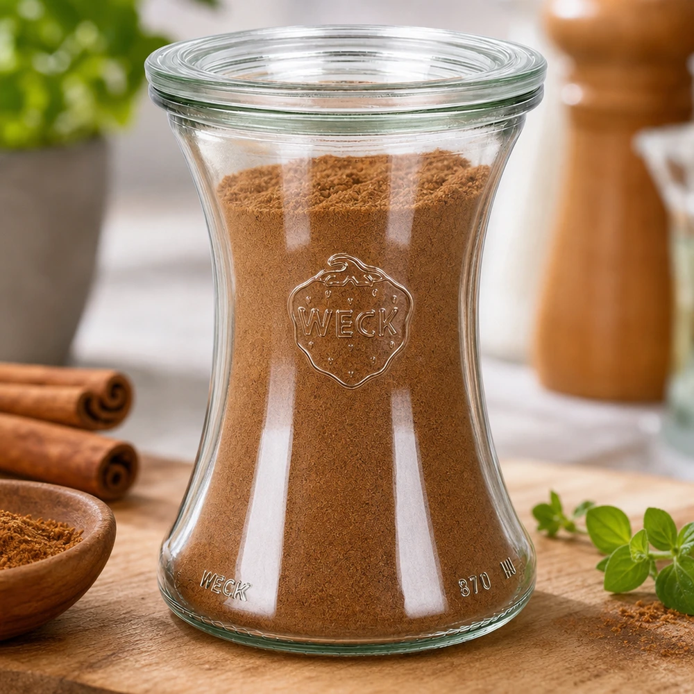 Tarro de cristal para productos delicados de 370 ml con tapa de cristal WECK RR80 WECK Delikatessenglas 370ml RR80 mit Zimt gefüllt zeigt perfekte Gewürzaufbewahrung in stilvollem Glasdesign
