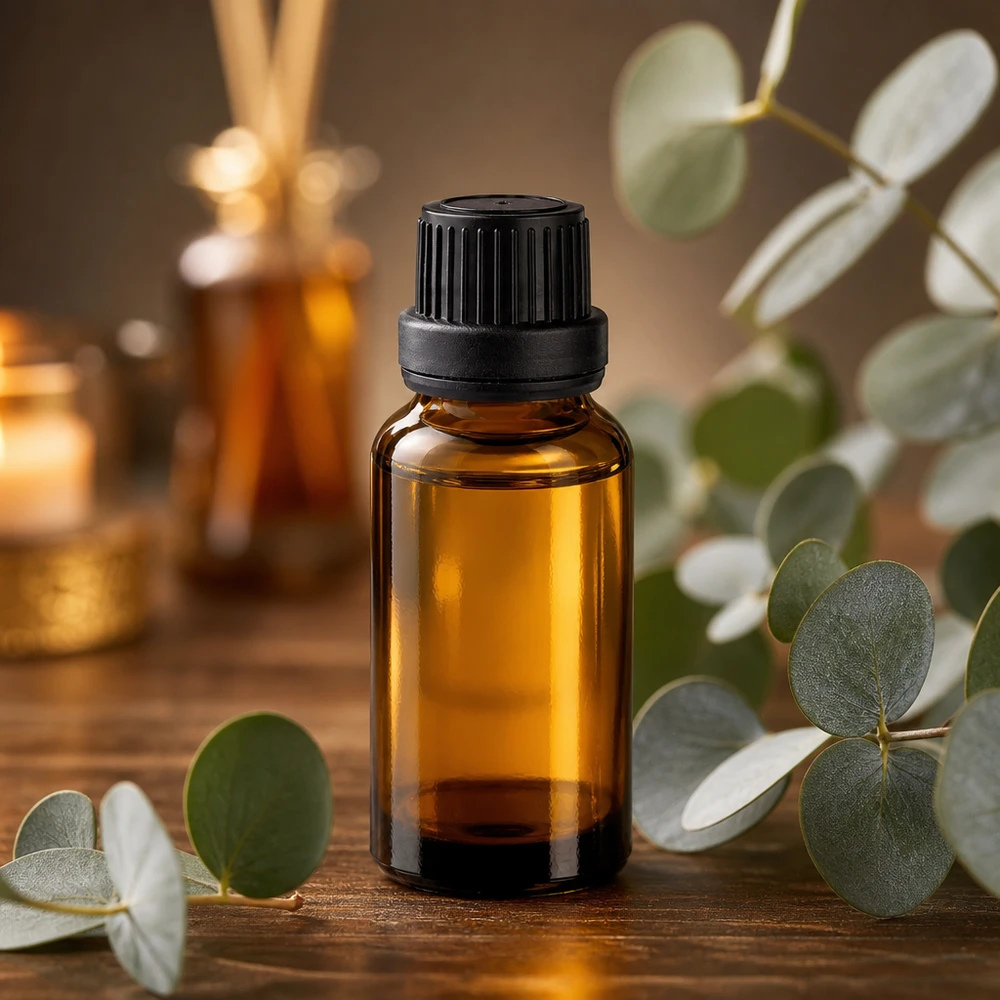 Pequeño frasco de farmacia de vidrio ámbar de 20 ml con tapón de rosca negro para aceites esenciales