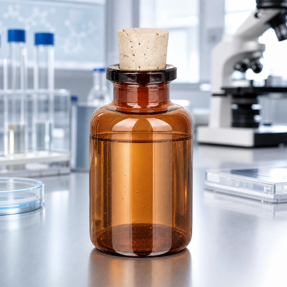 Botella de vidrio ámbar, 20ml, con corcho 11/14mm Bernsteinfarbene Glasflasche 20ml mit Korkstopfen 11/14mm für Laborchemikalien