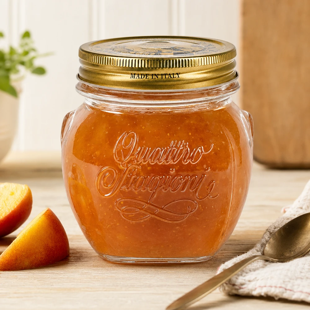 Tarro redondo "Quattro Stagioni" de 300 ml con tapa 300ml Quattro Stagioni Rundglas mit goldenem Deckel gefüllt mit Marmelade auf Holztisch neben Orangenscheiben