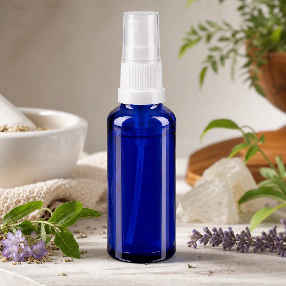 Botella pulverizadora azul de cristal de farmacia con tapón transparente, entre la lavanda y las hierbas medicinales