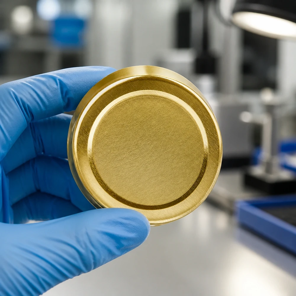 Tapa metálica dorada de 58 mm TO58deep BasicSeal UNiTWIST en entorno de laboratorio