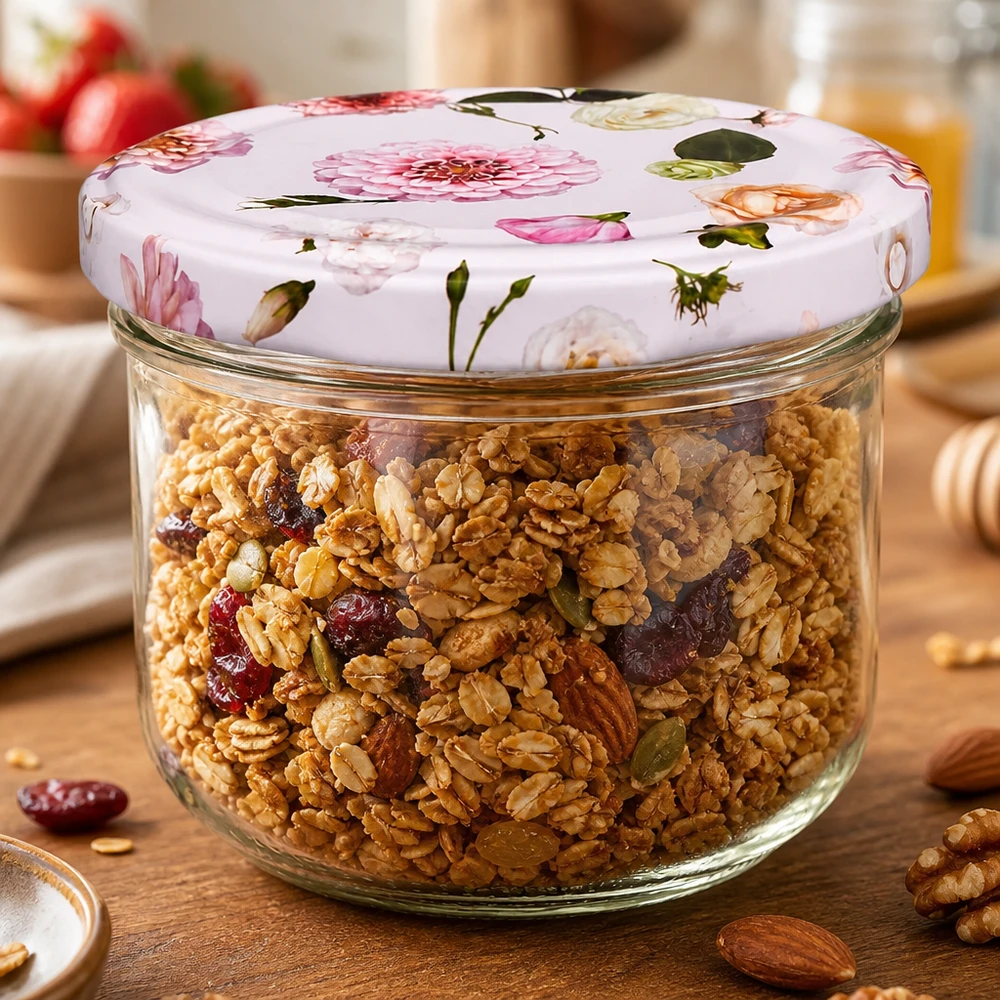 Tarro de 260 ml con tapa de flores rosas y relleno de muesli y frutos secos - práctico almacenamiento para la cocina