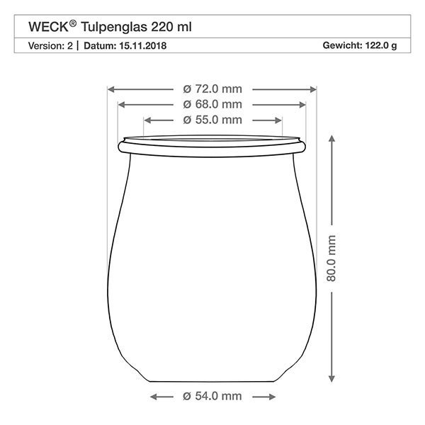 Tarro tulipa 220ml WECK RR60 con bola de madera haya WECK tarro tulipán 220ml RR60 dibujo técnico con dimensiones, diámetro y altura en milímetros