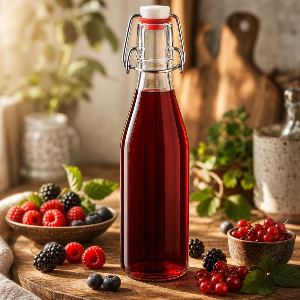 Botella de cristal de 250 ml con tapón oscilante llena de zumo de bayas rojas, rodeada de bayas frescas en un entorno de cocina rústica