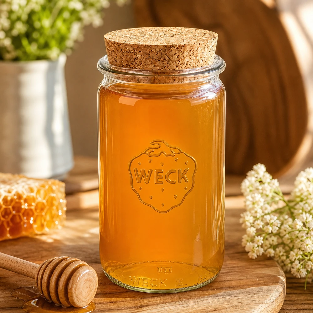 Tarro cilíndrico de 340ml WECK RR60 con corcho natural WECK Honigglas 340ml RR60 mit Korkenverschluss auf Holzbrett zwischen Waben und Blüten zeigt natürliche Aufbewahrung