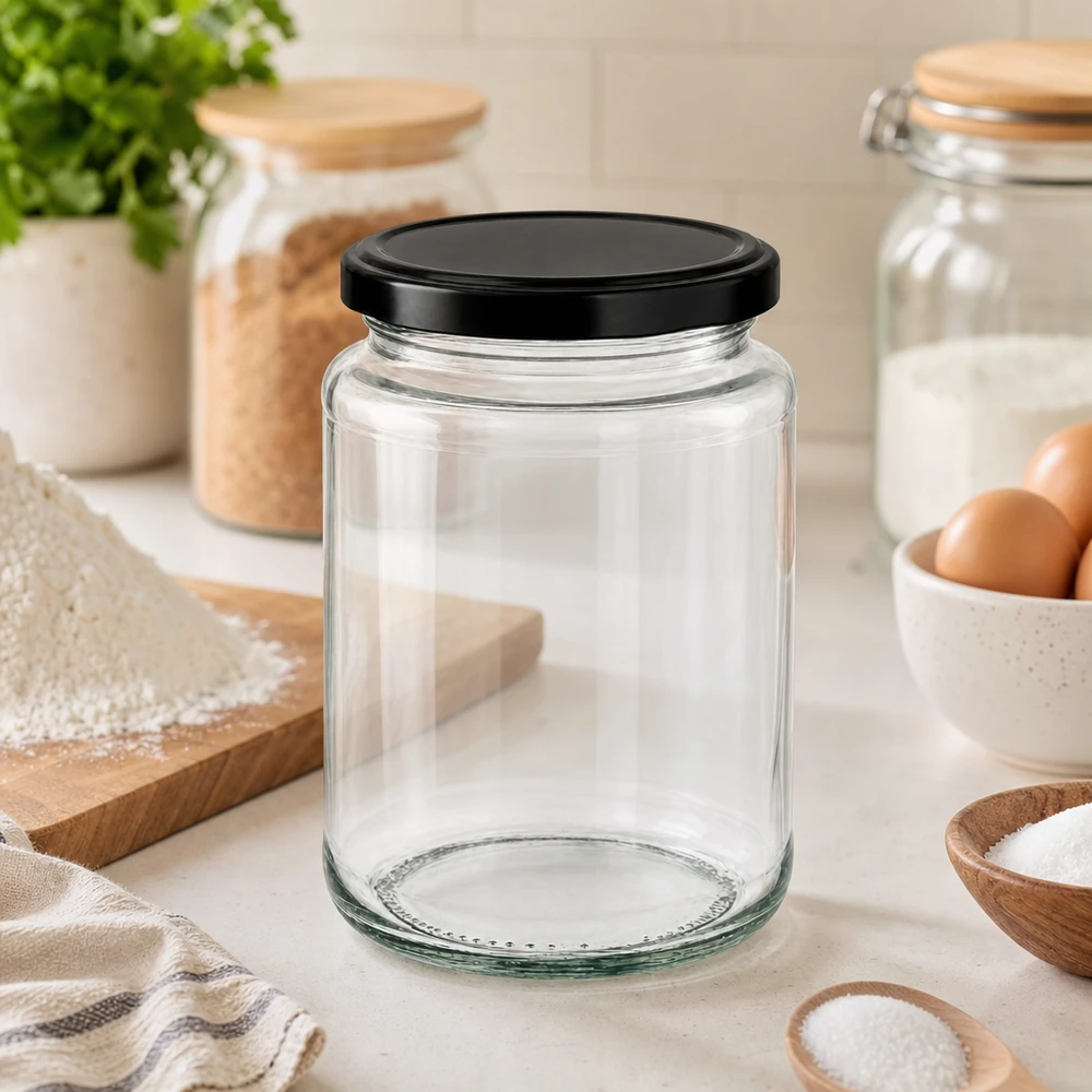Tarro redondo de 382ml con tapa BasicSeal negro UNiTWIST Tarro redondo de 382ml con tapa BasicSeal negro en una cocina moderna entre tarros de almacenaje, huevos y utensilios de cocina