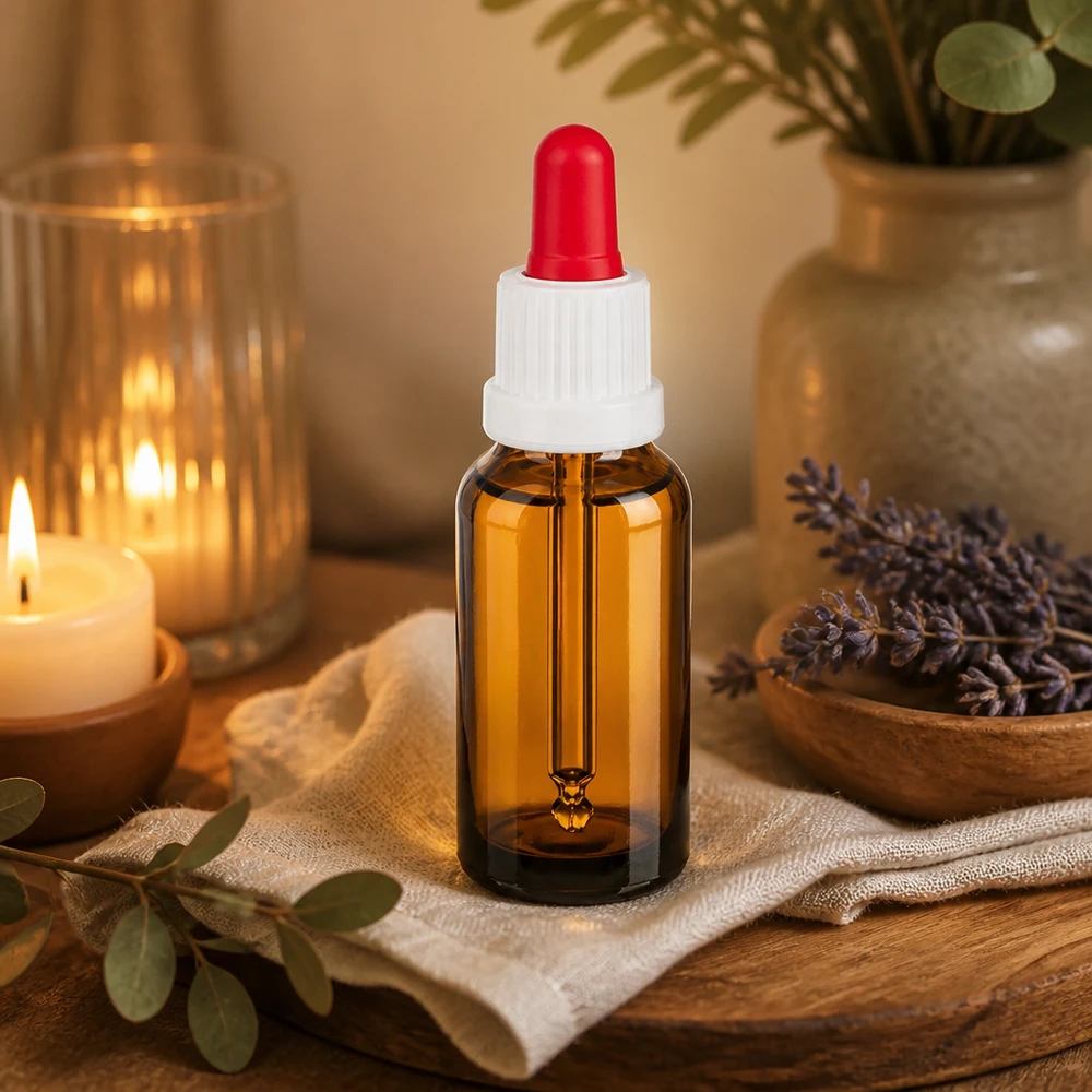 Frasco pipeta 20ml blanco/rojo cierre inviolable BrownLine UT18/20 Frasco pipeta de 20 ml de alta calidad BrownLine con protección UV para líquidos y extractos fotosensibles