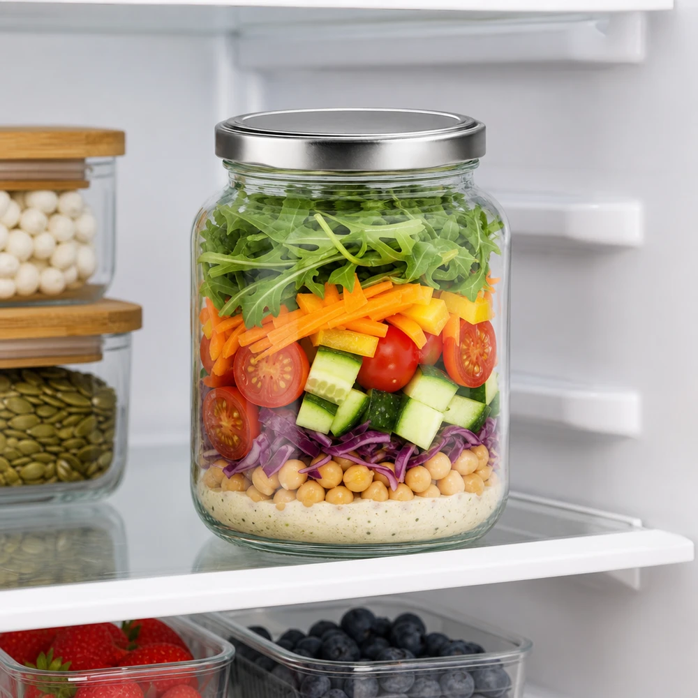 Tarro ovalado de 370 ml con tapa BasicSeal como ensalada de preparación de comidas en la nevera con ensalada en capas e ingredientes frescos